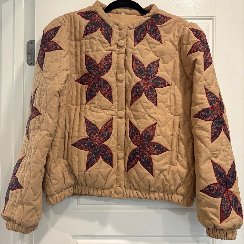 Quilted Tan Puffer Jacket with Navy Star Patchwork
